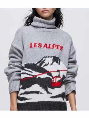 H&M Gray Turtleneck 'LES ALPES' Ski Graphic Sweater with Red Cable Car